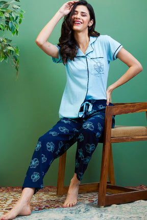 AV2 Women Cotton Short Sleeve Top And Pyjama Night suit Set - Turq 2408A