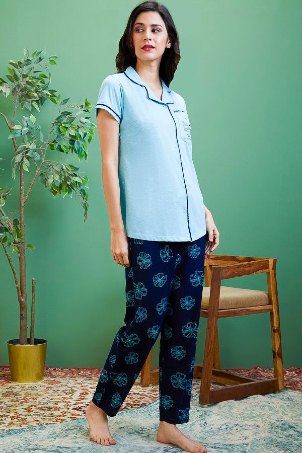 AV2 Women Cotton Short Sleeve Top And Pyjama Night suit Set - Turq 2408A