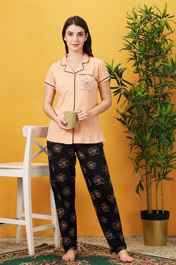 AV2 Women Cotton Short Sleeve Top And Pyjama Night suit Set - Peach 2408B