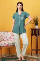 AV2 Women Rayon Notched Collar Pajama Nightsuit Set Green - 2410A