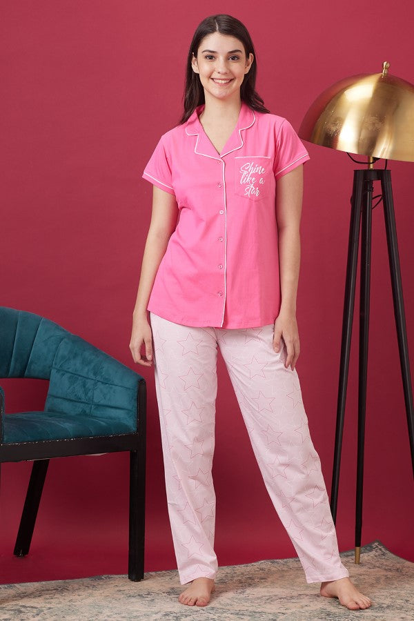 AV2 Women Rayon Notched Collar Pajama Nightsuit Set Pink - 2410B