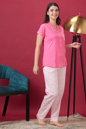 AV2 Women Rayon Notched Collar Pajama Nightsuit Set Pink - 2410B