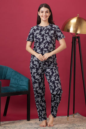 AV2 Women Hosiery Printed Top & Pajama Nightsuit Set Navy Blue - 2423A