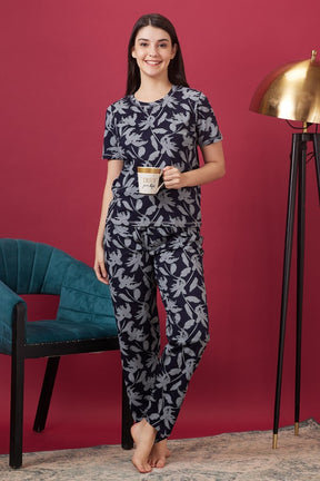 AV2 Women Hosiery Printed Top & Pajama Nightsuit Set Navy Blue - 2423A