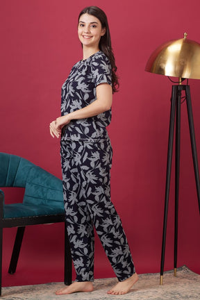 AV2 Women Hosiery Printed Top & Pajama Nightsuit Set Navy Blue - 2423A