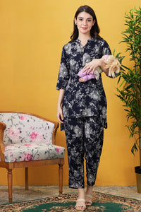 AV2 Women Rayon Printed Maternity Co-ords Navy Blue - 2426A