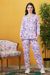 AV2 Women Hosiery Notched Collar Pajama Nightsuit Set Pink - 2433B