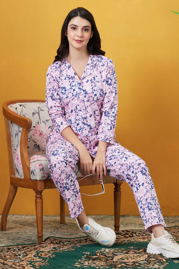 AV2 Women Hosiery Notched Collar Pajama Nightsuit Set Pink - 2433B