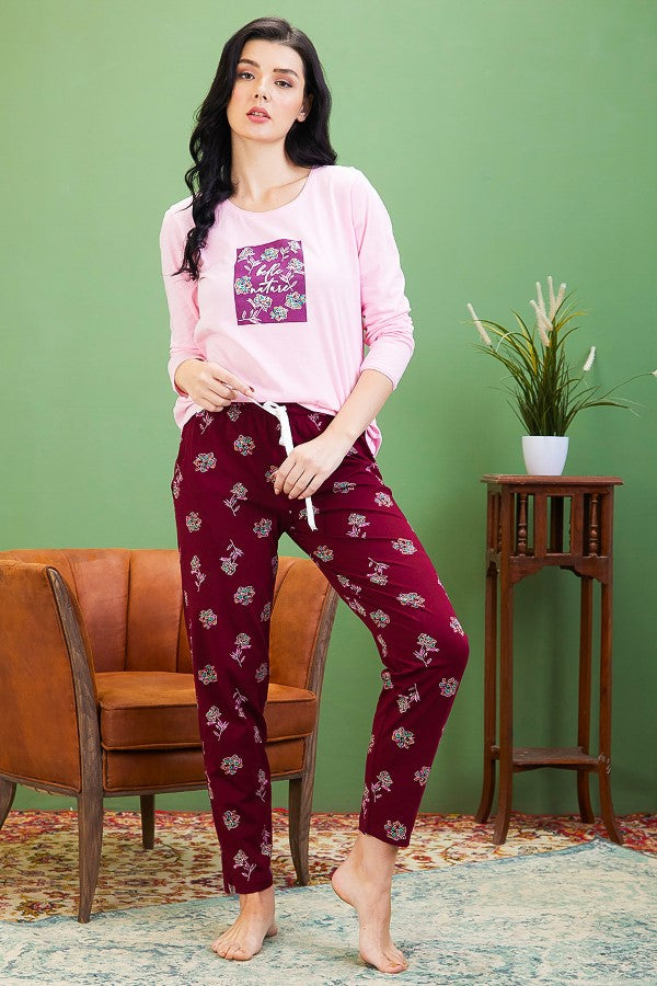 AV2 Women Cotton Printed Top & Pajama Nightsuit Set Pink Maroon - 2441A