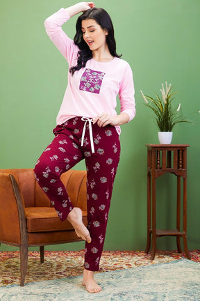 AV2 Women Cotton Printed Top & Pajama Nightsuit Set Pink Maroon - 2441A