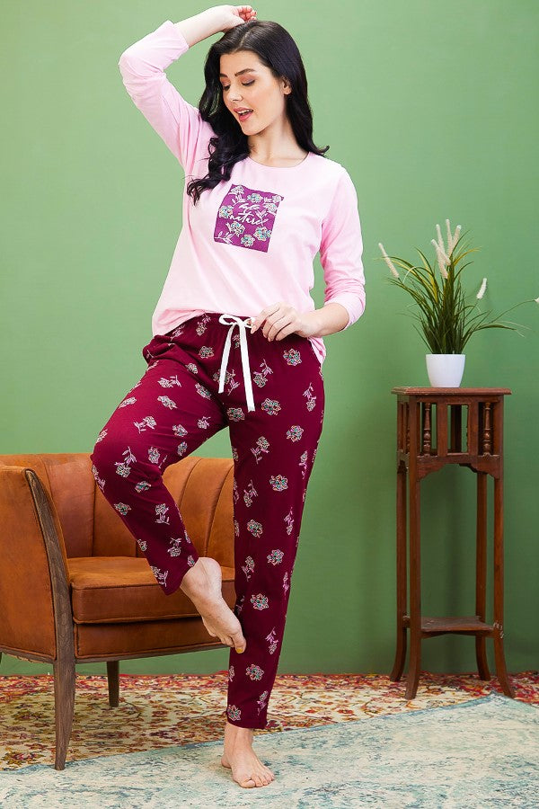 AV2 Women Cotton Printed Top & Pajama Nightsuit Set Pink Maroon - 2441A