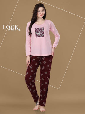 AV2 Women Cotton Printed Top & Pajama Nightsuit Set Pink Maroon - 2441A