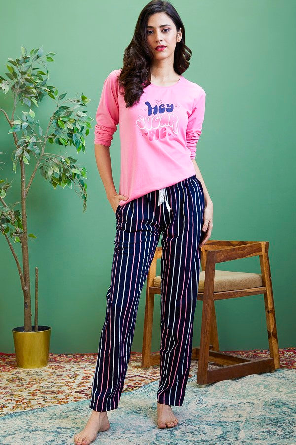 AV2 Women Cotton Printed Top & Pyjama Nightsuit set Pink - 2442B