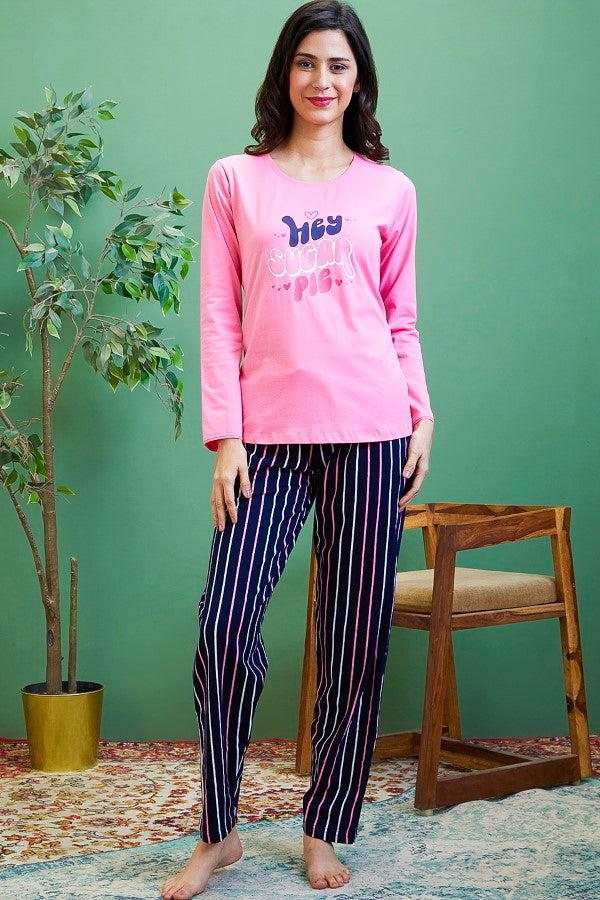 AV2 Women Cotton Printed Top & Pyjama Nightsuit set Pink - 2442B
