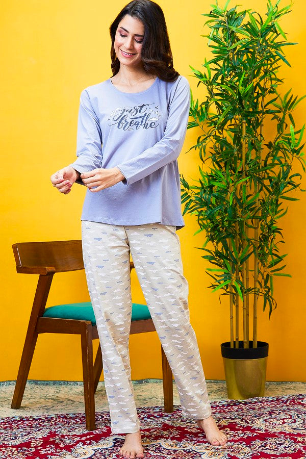 AV2 Women Cotton Printed Top & Pyjama Nightsuit set Beige - 2444B