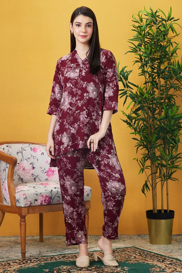 AV2 Women Rayon Printed Co-ords Maroon - 2445B