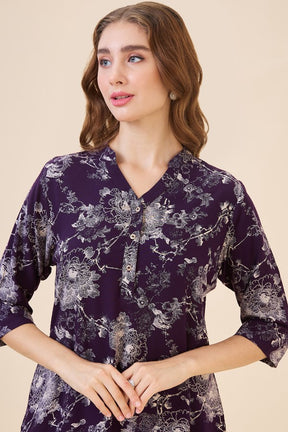 AV2 Women Rayon Printed Tunic Top & Bottom Co-ord Set Wine - 2445D