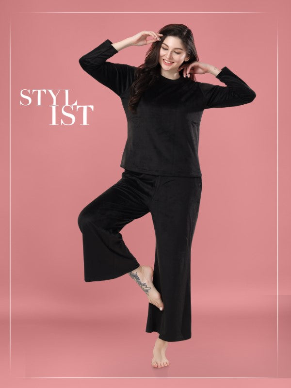 AV2 Women Velvet Round Collar Pajama Nightsuit Set Black - 2468A