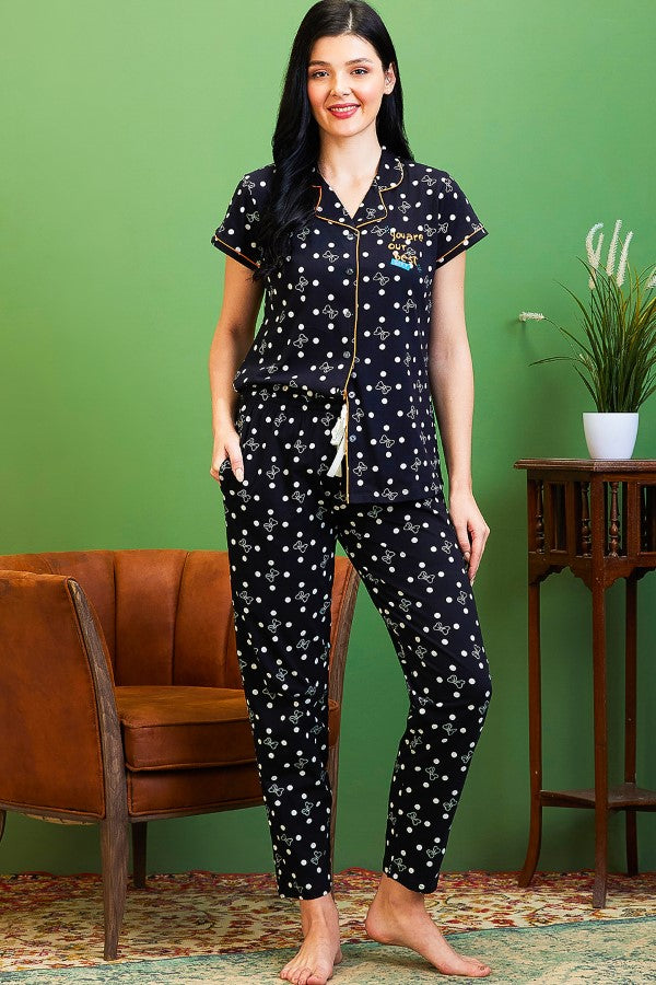 AV2 Women Cotton Top & Pyjama Nightsuit Set Black - 2501A
