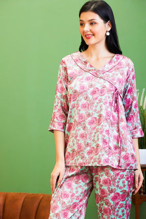 AV2 Women Satin Printed Tunic Top & Bottom Co-ord set Pink - 2511A