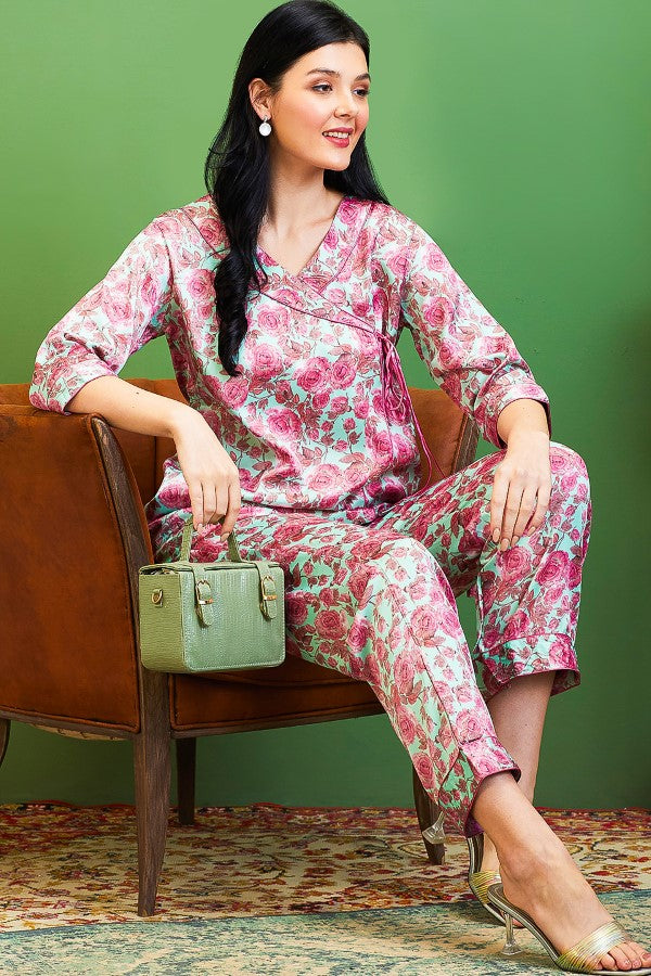AV2 Women Satin Printed Tunic Top & Bottom Co-ord set Pink - 2511A
