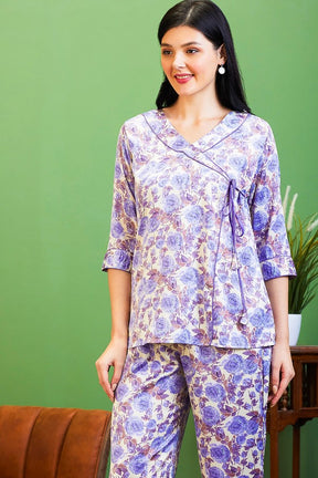 AV2 Women Satin Printed Tunic Top & Bottom Co-ord set Purple - 2511B