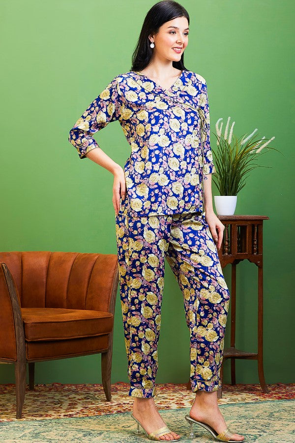 AV2 Women Satin Printed Tunic Top & Bottom Co-ord set Blue - 2511C