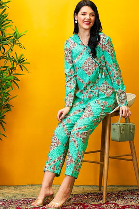 AV2 Women Rayon Printed Tunic Top & Bottom Co-ord set Green - 2517A