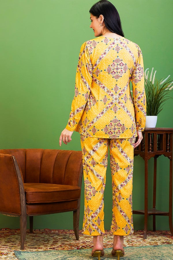 AV2 Women Rayon Printed Tunic Top & Bottom Co-ord set Yellow - 2517B