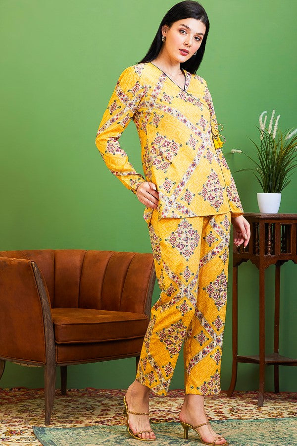 AV2 Women Rayon Printed Tunic Top & Bottom Co-ord set Yellow - 2517B