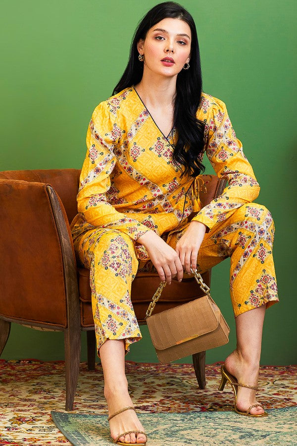 AV2 Women Rayon Printed Tunic Top & Bottom Co-ord set Yellow - 2517B