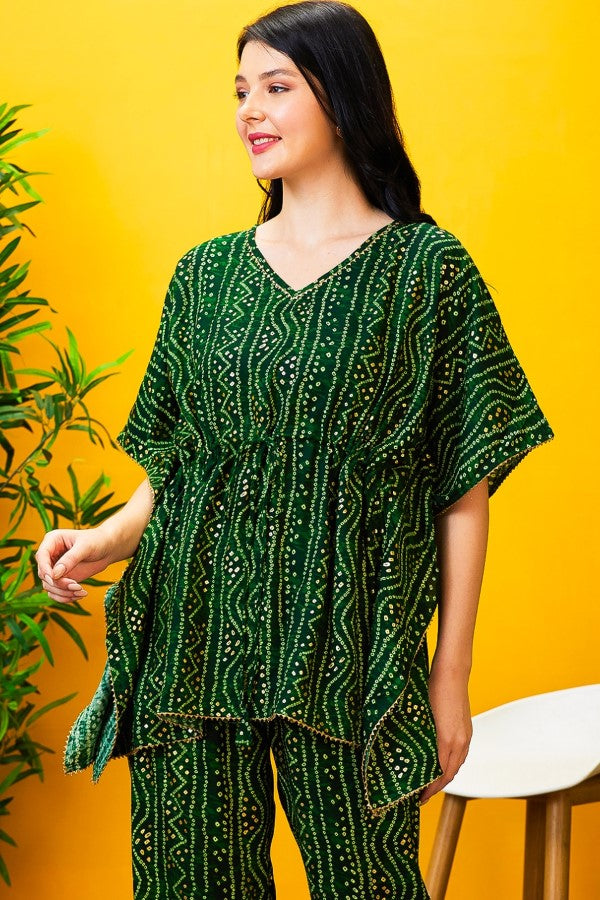 AV2 Women Rayon Printed Tunic Top & Bottom Co-ord set Green - 2518C