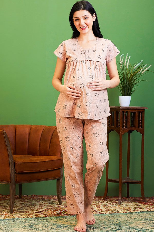 AV2 Women Cotton Feeding Top & Pyjama Nighsuit Set Peach - 2521A