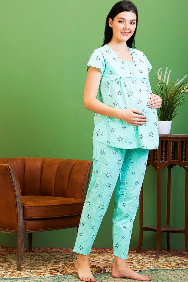 AV2 Women Cotton Feeding Top & Pyjama Nighsuit Set Turq - 2521B