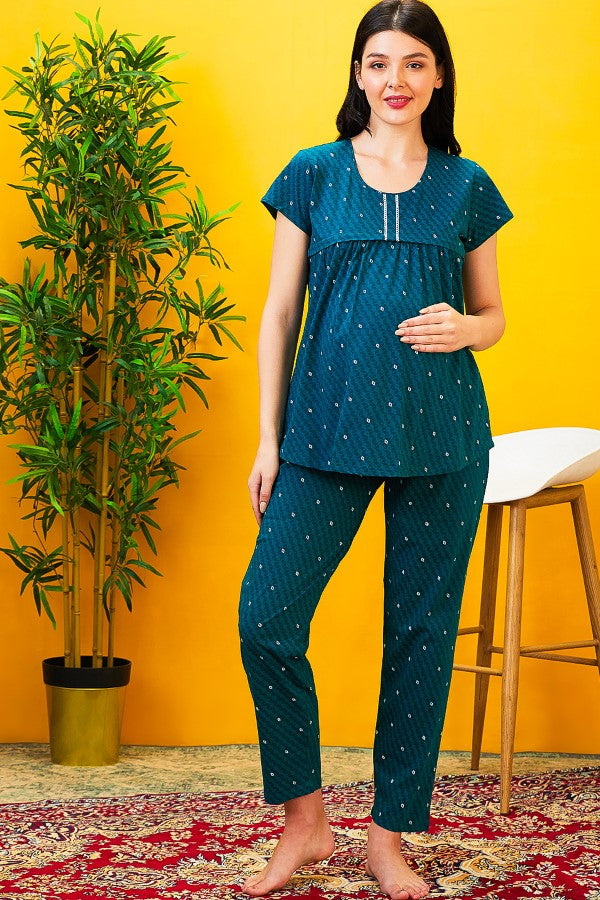 AV2 Women Cotton Feeding Top & Pyjama Nighsuit Set Teal - 2522A