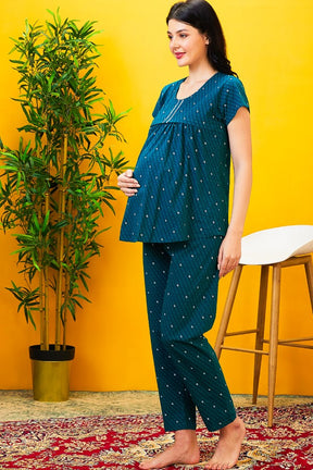 AV2 Women Cotton Feeding Top & Pyjama Nighsuit Set Teal - 2522A