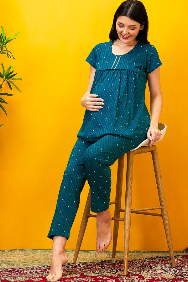 AV2 Women Cotton Feeding Top & Pyjama Nighsuit Set Teal - 2522A