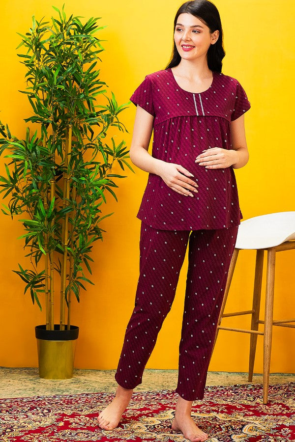 AV2 Women Cotton Feeding Top & Pyjama Nighsuit Set Maroon - 2522B