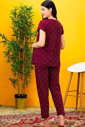 AV2 Women Cotton Feeding Top & Pyjama Nighsuit Set Maroon - 2522B