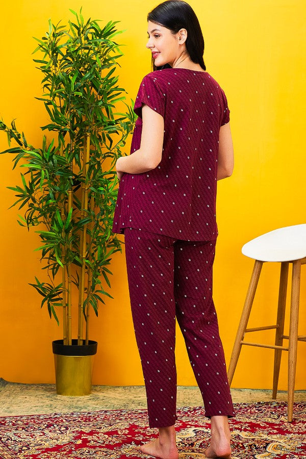 AV2 Women Cotton Feeding Top & Pyjama Nighsuit Set Maroon - 2522B