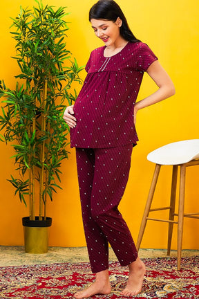 AV2 Women Cotton Feeding Top & Pyjama Nighsuit Set Maroon - 2522B