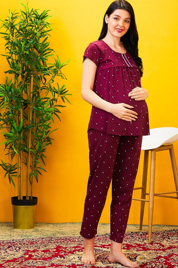 AV2 Women Cotton Feeding Top & Pyjama Nighsuit Set Maroon - 2522B