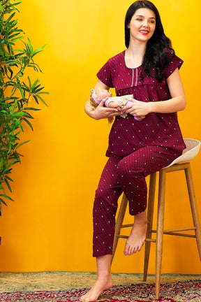 AV2 Women Cotton Feeding Top & Pyjama Nighsuit Set Maroon - 2522B