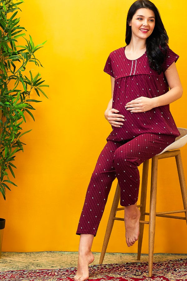 AV2 Women Cotton Feeding Top & Pyjama Nighsuit Set Maroon - 2522B