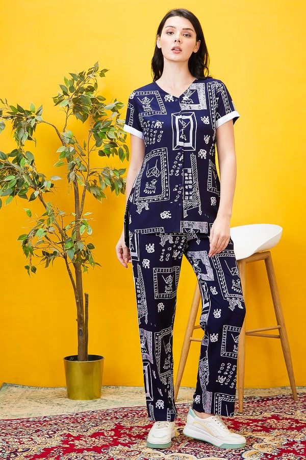 AV2 Women Rayon Abstract Printed Top & Bottom Coord set Navy - 2548C