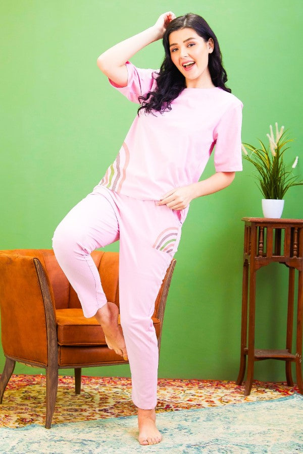 AV2 Women Abstract Solid Top & Pajama Coord set Pink - 2557A