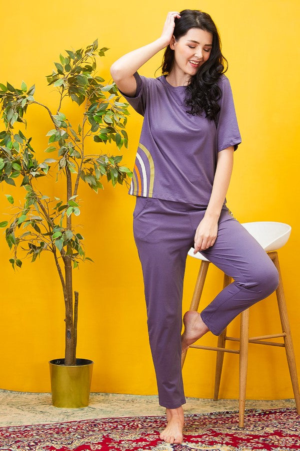 AV2 Women Abstract Solid Top & Pajama Coord set Purple - 2557B