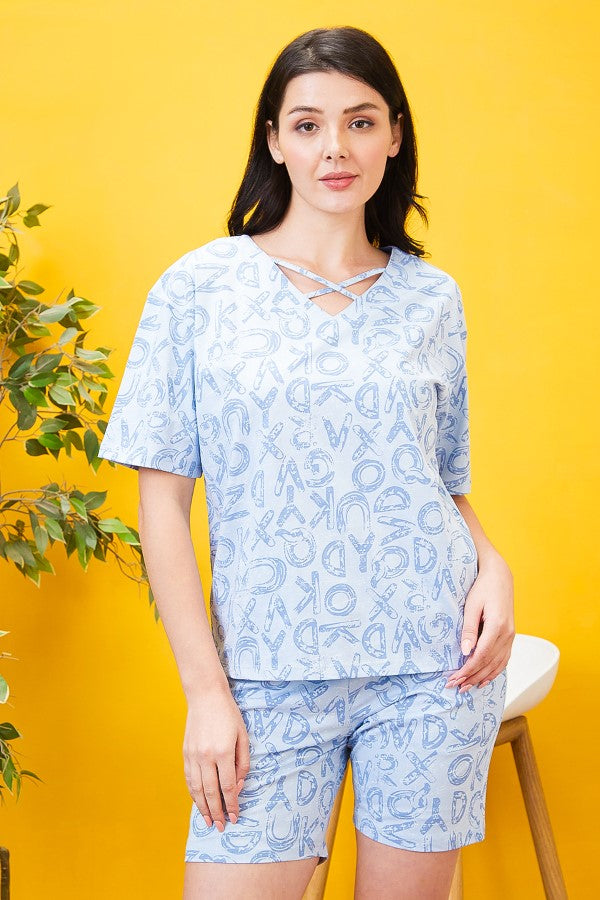 AV2 Women Printed Cotton Top & Shorts Coord set Blue - 2558A