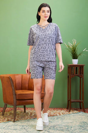 AV2 Women Printed Cotton Top & Shorts Coord set Grey - 2558B