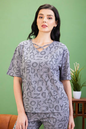 AV2 Women Printed Cotton Top & Shorts Coord set Grey - 2558B